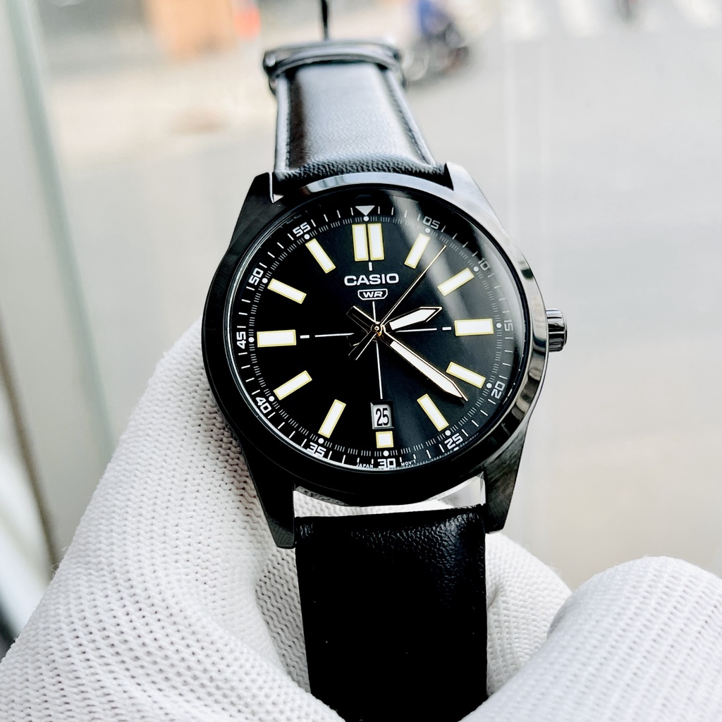 Đồng hồ nam dây da thời trang Casio MTP VD02BL-1E mặt đen - Size 41 Kim dạ quang Bảo hành 1 năm Hyma watch