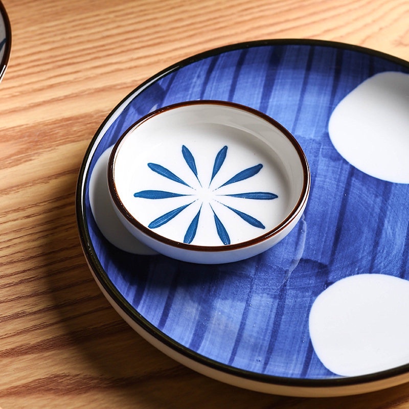 Bộ bát đĩa xanh lam bốn hoạ tiết, bát đĩa phong cách Nhật, bát đĩa decor