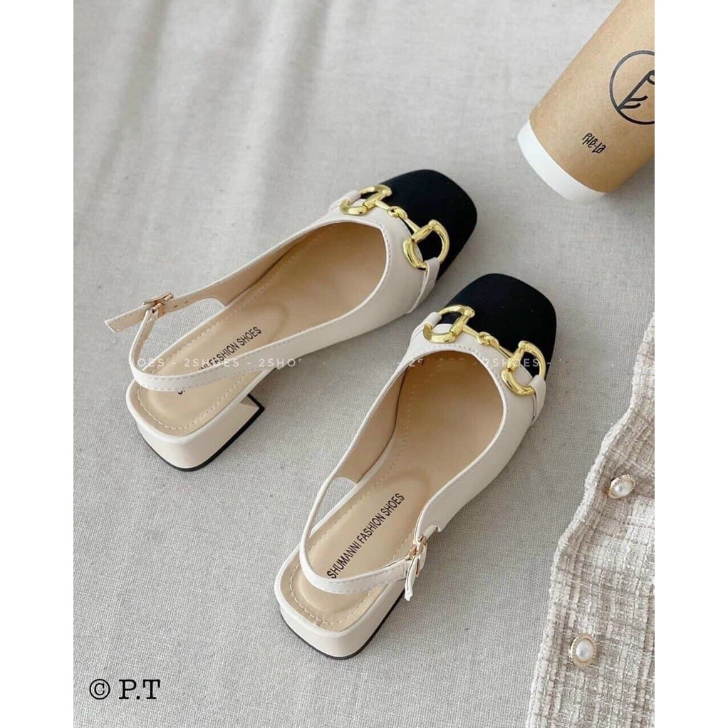 Sandal cao gót nữ gót vuông 3p phối khuy sang chảnh