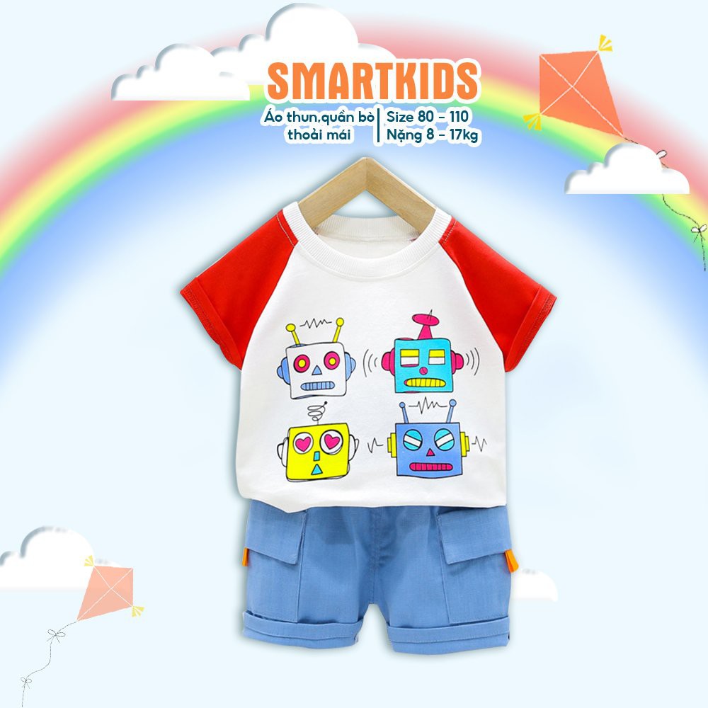 Bộ quần áo bé trai, set cộc tay, áo thun cộc tay phối quần short in hình roobot, quần áo trẻ em SMARTKIDS TE3076