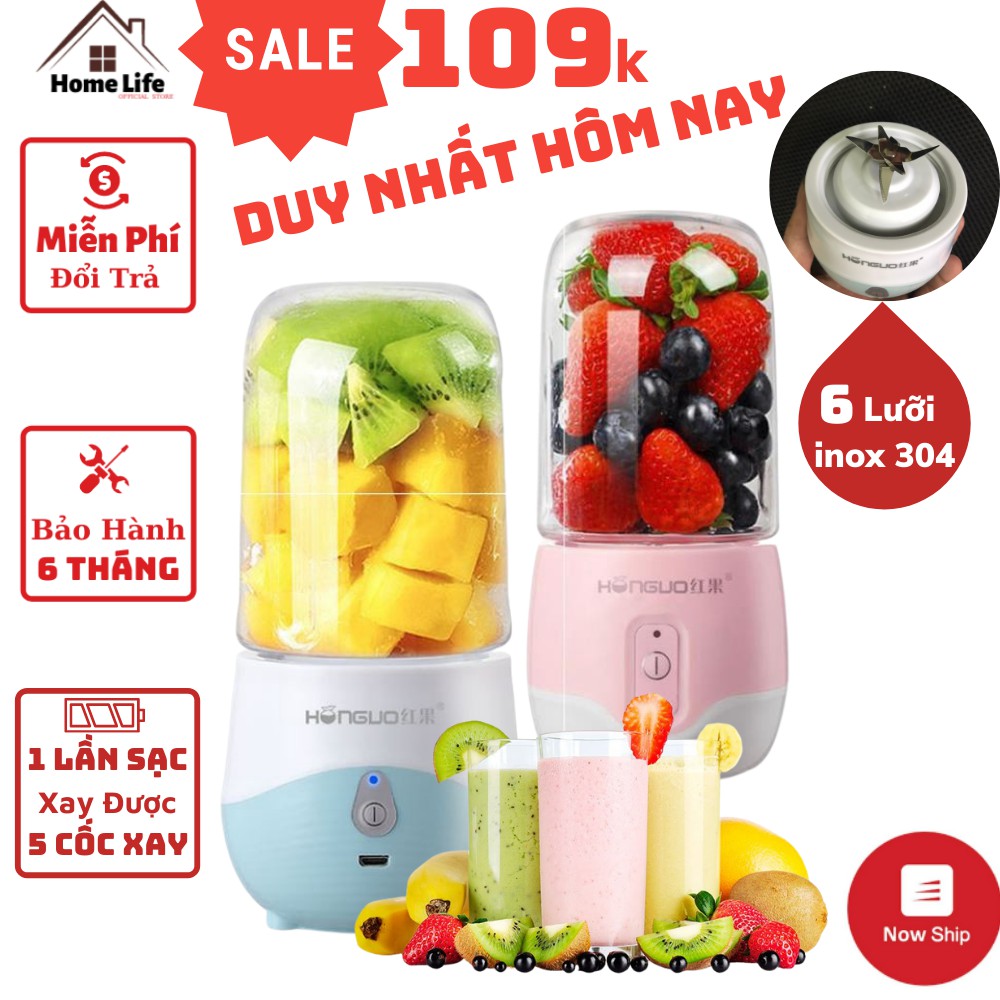 [ Xay Được Đá ] Máy Xay Sinh Tố Mini Cầm Tay HONGUO 300ml Loại 6 Lưỡi Inox 304 Cao Cấp, Sạc USB Tiện Lợi