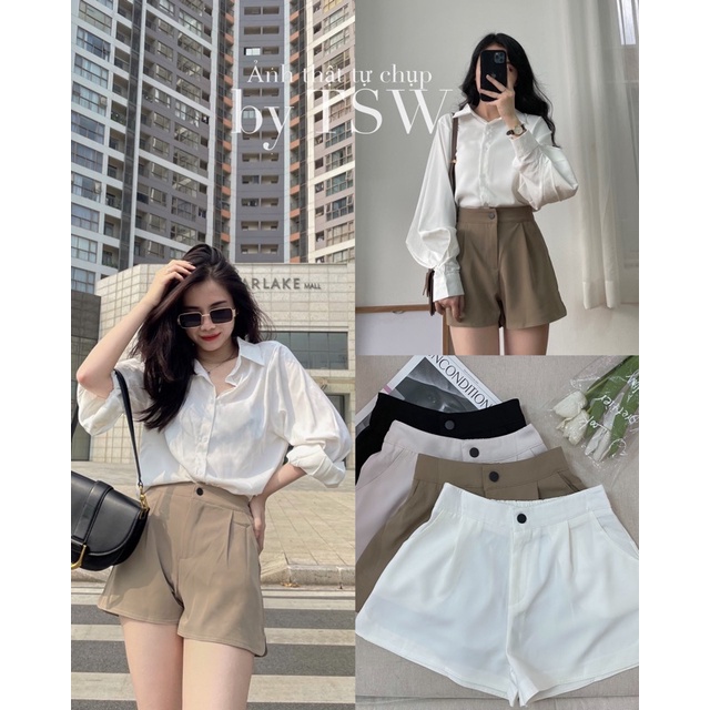 Short vải cạp cao basic ống rộng xẻ bên ( Ảnh thật )