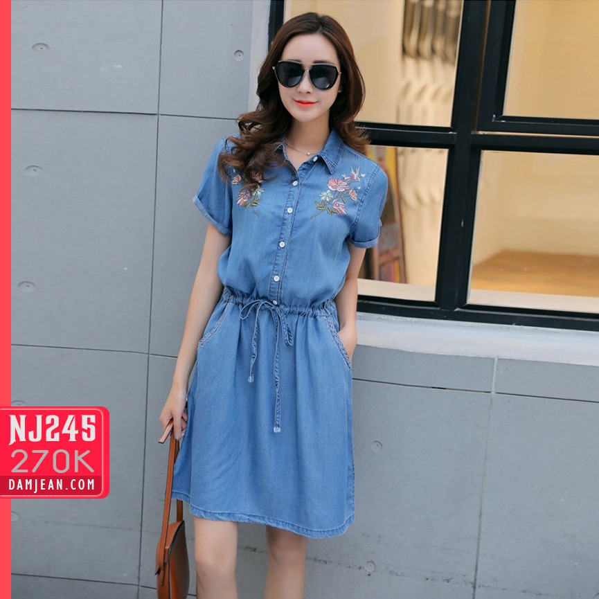 ĐẦM JEAN CỔ SƠ MI THẮT EO THÊU HOA - NJ245