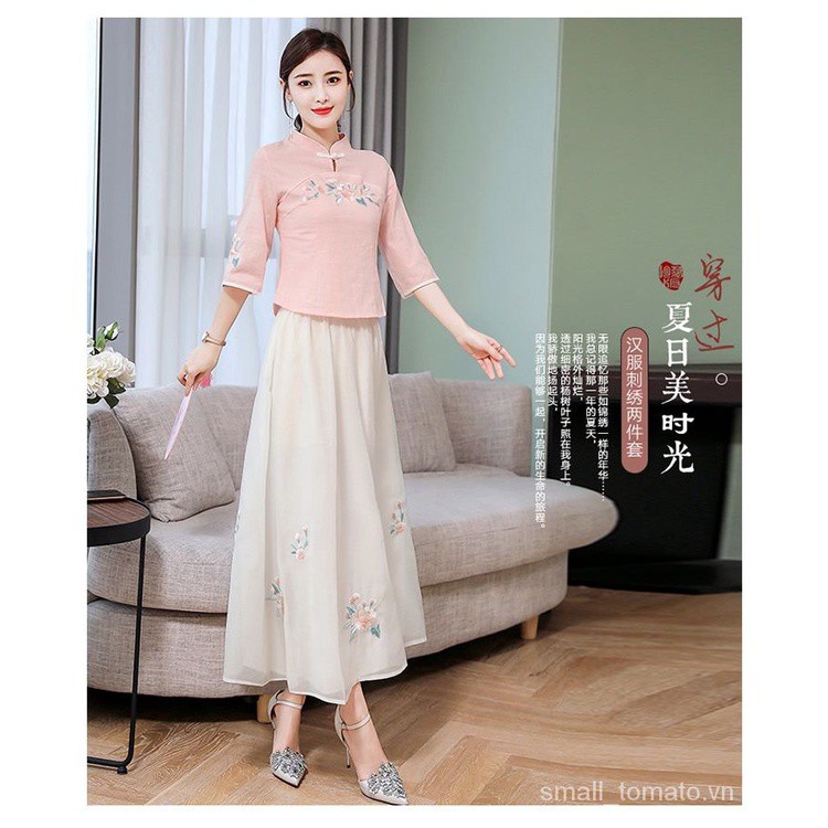 Single/Suit Summer New Women's Han Chinese Clothing Improved New Republic of China Style Vintage Plate Buttons Embroidered Cheongsam Suit