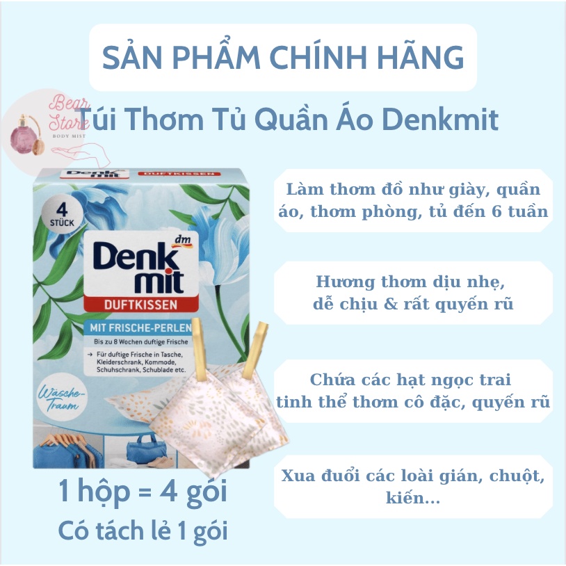 Túi thơm tủ quần áo Denkmit hương hoa cỏ giảm mùi ẩm mốc xuất xứ Đức an toàn khi sử dụng 4 gói