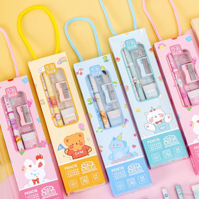 Bộ Dụng Cụ Học Tập 5 Trong 1 Gồm Thước Tẩy Bút Chì + Hộp Quà Họa Tiết Hoạt Hình Dễ Thương Cho Bé