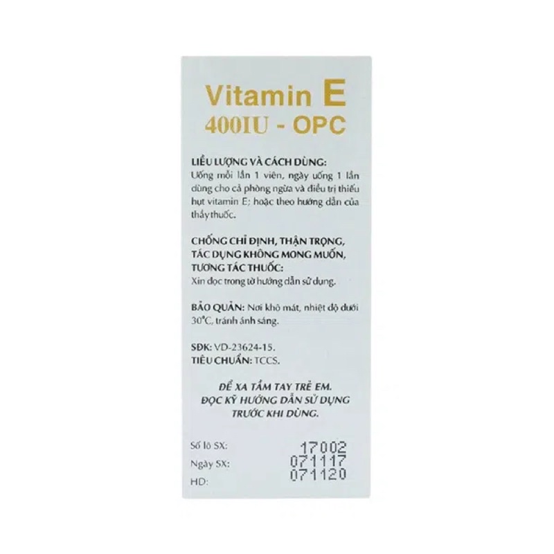VITAMIN E 400 IU OPC HỘP 40 VIÊN – PHÒNG NGỪA THIẾU HỤT VITAMIN E