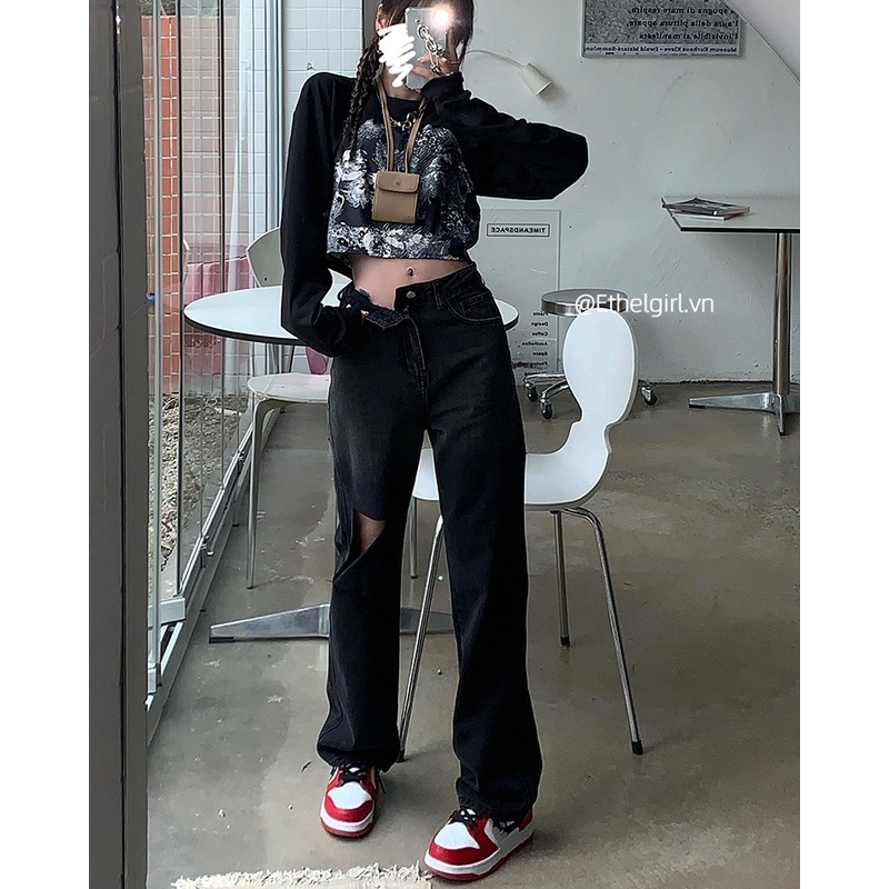 Quần jean dài ống rộng màu gradient phong cách retro Hàn Quốc thời trang cá tính cho nữ