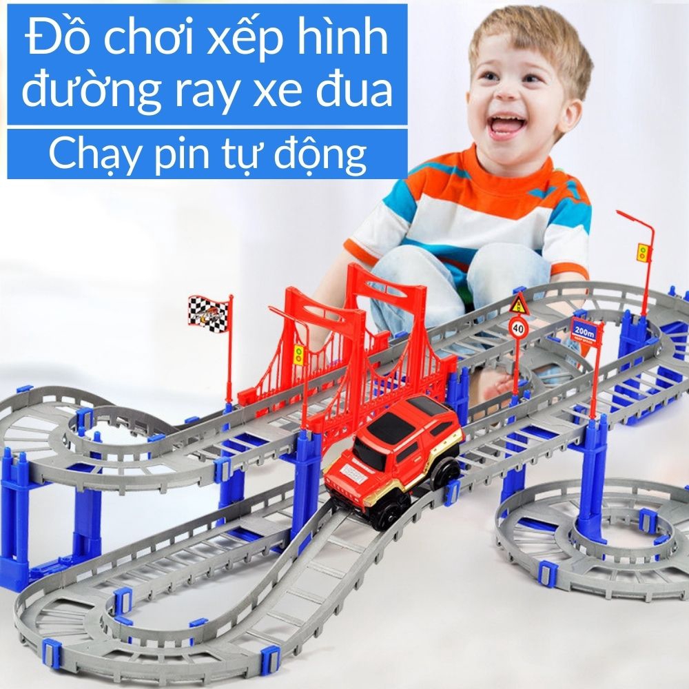 Đồ chơi xếp hình khối lắp ráp đường ray xe đua 88 chi tiết cho trẻ em bé mã 53513