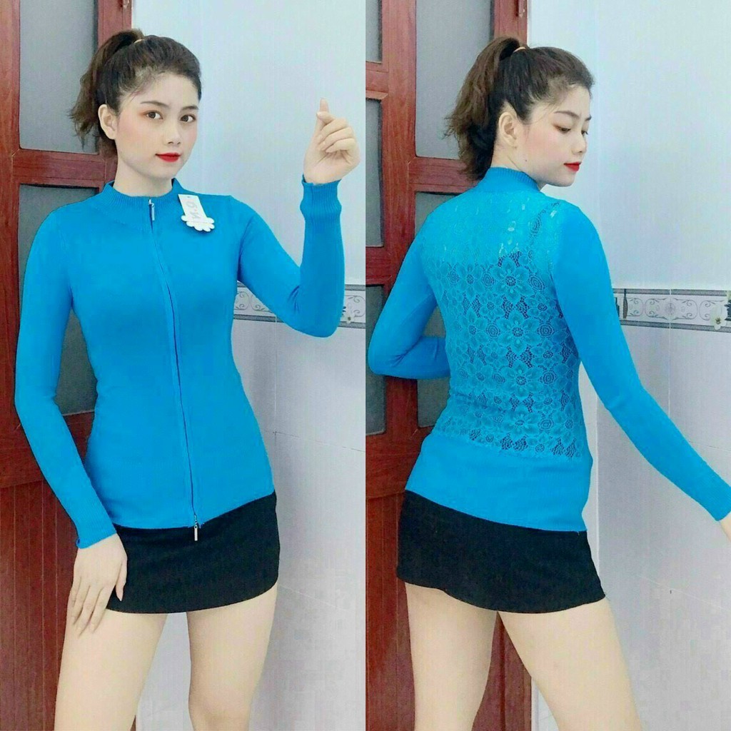 Áo khoác len nữ dây kéo 2 đầu cổ cao phối ren lưng