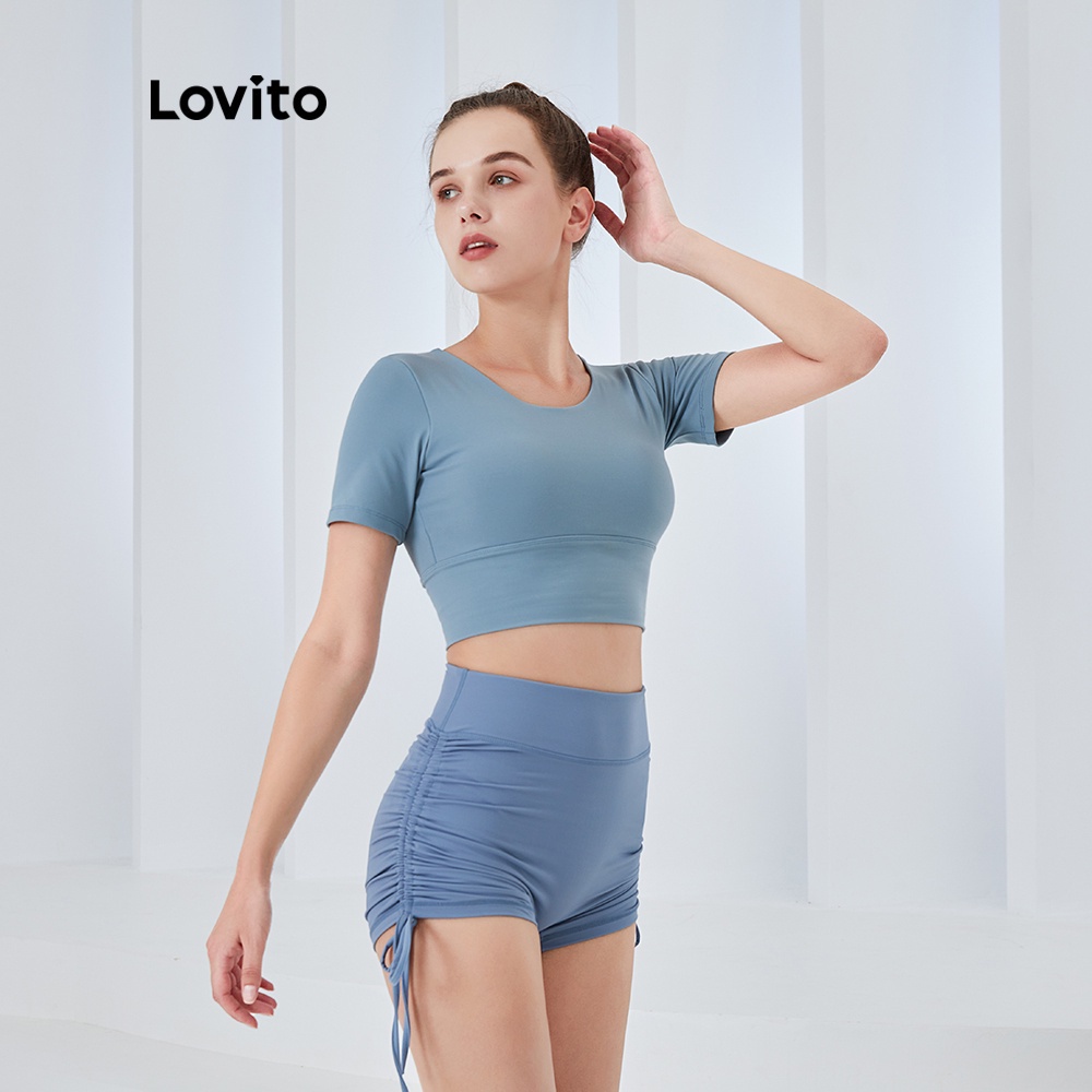 Quần ngắn Lovito thể thao màu trơn dáng skinny có dây rút lưng cao thoáng khí L04008 (xanh dương)