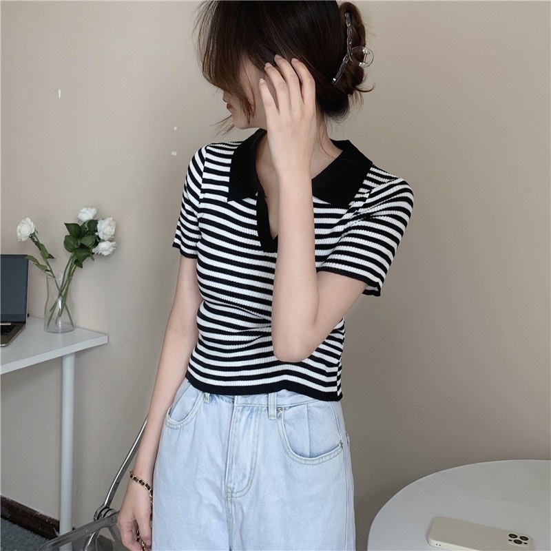 Áo Len Kẻ Tay Ngắn Cổ Bẻ Kẻ Sọc Ngang 4 Màu Siêu Xinh Phong Cách Hàn Quốc Cho Nữ Freesize 40-60kg