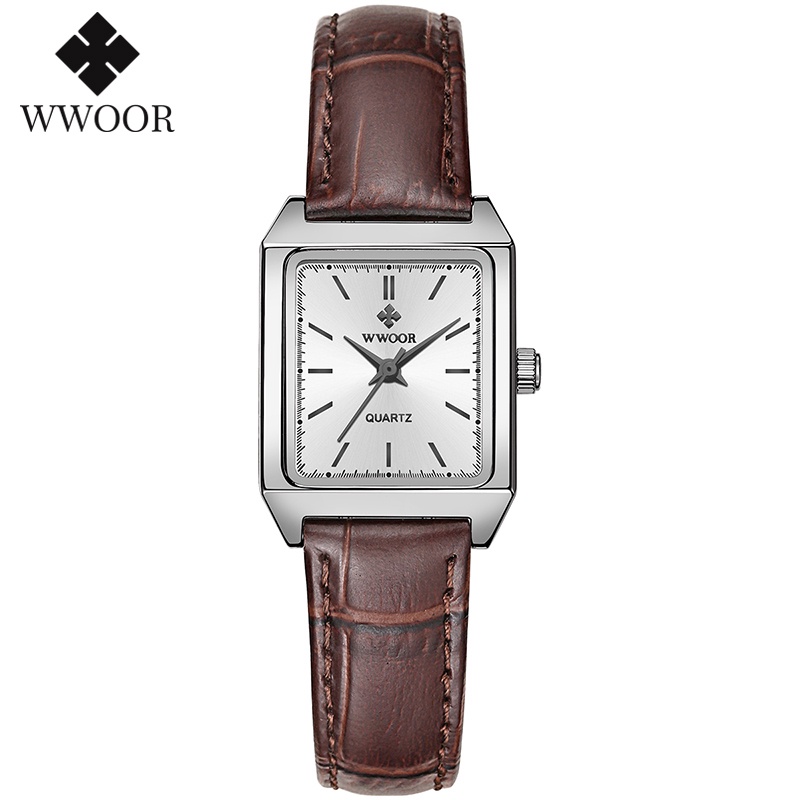 Đồng Hồ Đeo Tay WWOOR Mặt Vuông Dây Da Nâu Reloj Mujer-8850 Thời Trang Cho Nữ-8850