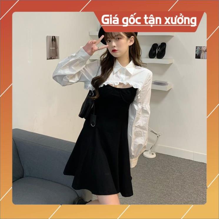 [Hàng Chất Lượng] Set Khoác Sơ Mi Lửng + Váy Xoè 2 Dây (Trắng-Đen) | BigBuy360 - bigbuy360.vn