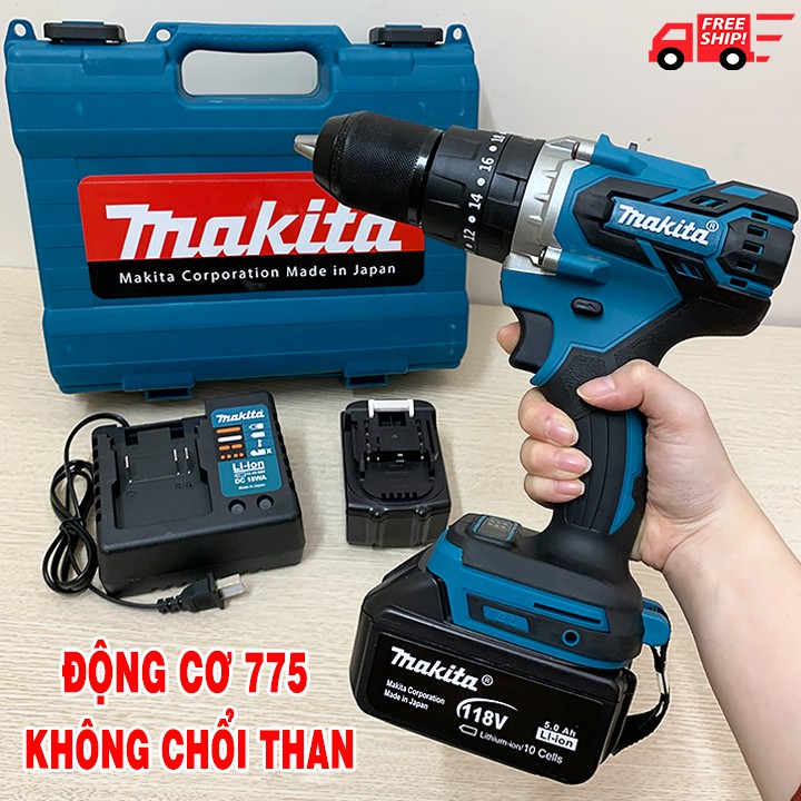 Máy khoan pin Makita 118v -Có Búa -Không Chổi Than - Lõi Đồng- Máy khoan cầm tay Makita 118V