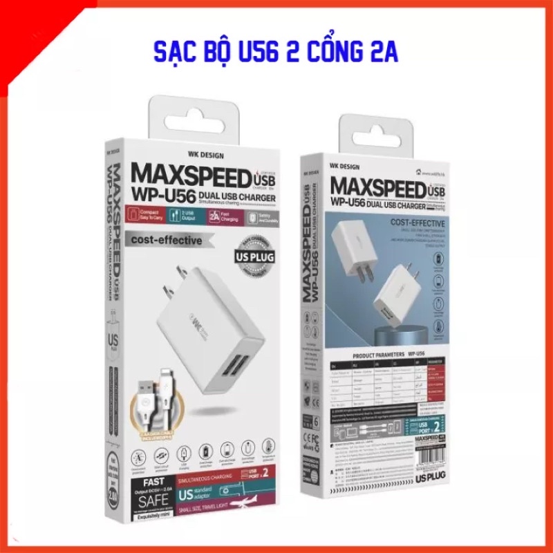 Bộ sạc 2 cổng 2,4A U56 dành cho IOS và android