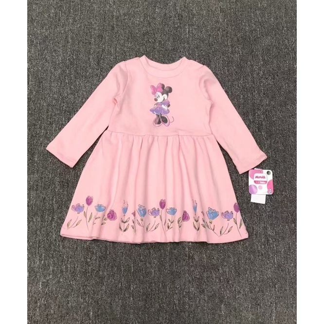 Váy nỉ xuất dư dáng baby doll hồng pastel cho bé, váy dài tay thu đông 2021