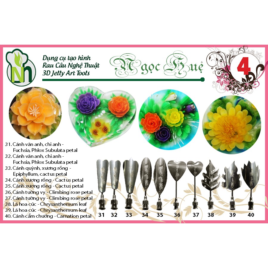 Dụng cụ rau câu 3D Ngọc Huệ (bộ số 4 - hoa quỳnh, xương rồng, cẩm chướng, tường vy, vân anh, chi anh)