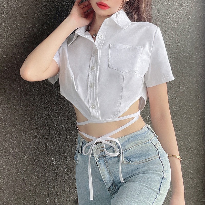 Áo sơ mi croptop nữ tay ngắn JUNEST dây buộc eo cổ đức cài khuy So Cute SMBE01