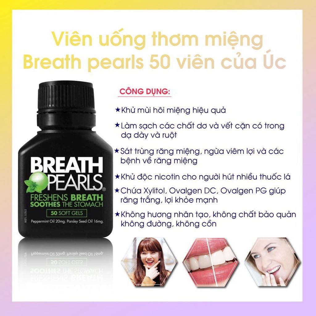 🌟 Viên thơm miệng thảo dược  giảm mùi miệng cho người lớn, phụ nữ và bé trên 6 tuổi Breath Pearls, Úc