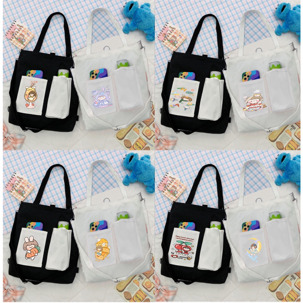 Túi Vải Tote Kiêm Balo avocado TBL1 hổ mập quả bơ trà sữa trứng lười yakult hoa cúc GD bò sữa gudetama shiba roro jump