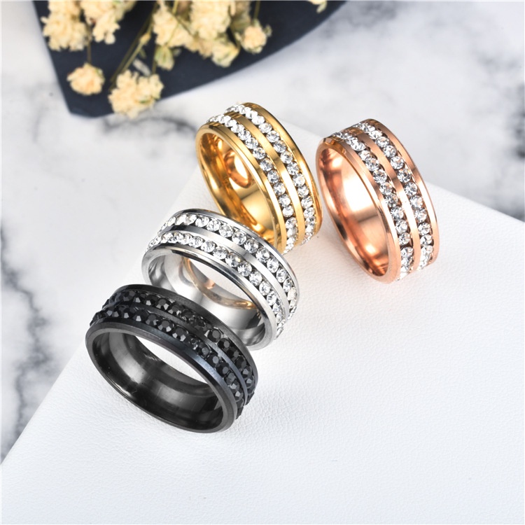 Nhẫn nam nữ BROO màu bạc đính 2 hàng đá, nhẫn cặp đôi bạch kim chất liệu titan mạ bạc 925