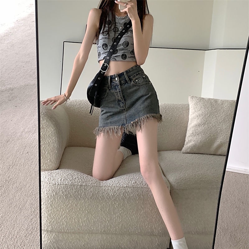 COZOK Chân váy jean Lưng Cao Thiết Kế Tua Rua Phong Cách Vintage