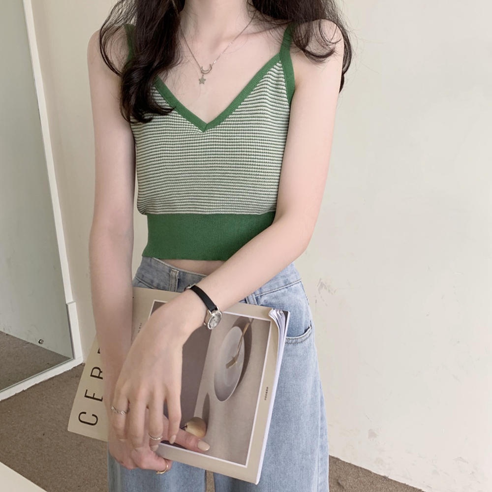 Áo Hai Dây Dệt Kim Cổ Chữ V Họa Tiết Kẻ Sọc Màu Sắc Thời Trang Mùa Hè 50061
