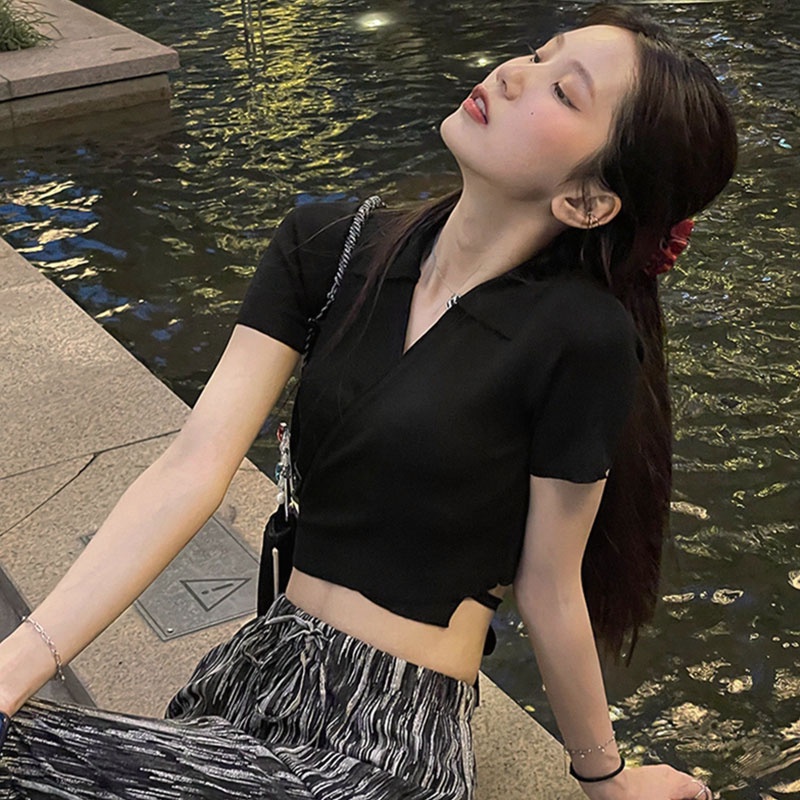 Cocory vn  Áo Croptop Dệt Kim Tay Ngắn Cổ Chữ V Thiết Kế Độc Đáo Thời Trang Mùa Hè Quyến Rũ Cho Nữ