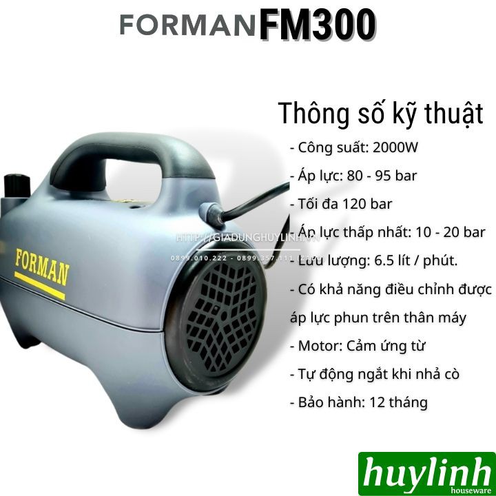 Máy xịt rửa xe chỉnh áp Forman FM300 - 2000W - Tặng béc rửa máy lạnh, điều hoà