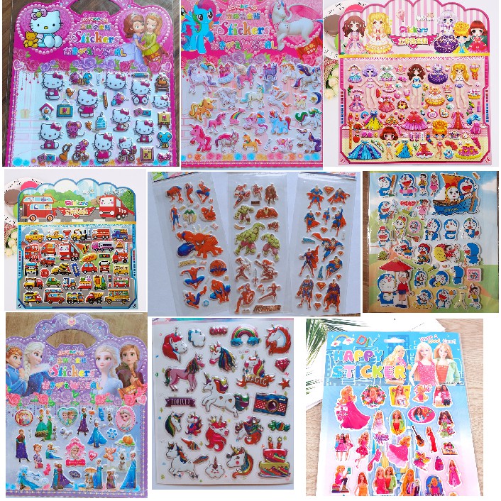 Hình dán sticker công chúa,Elsa, người nhện, siêu nhân, pony, barbie, doremon, Thor, mèo kitty,ô tô