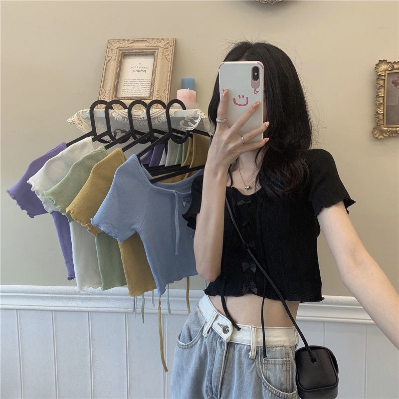 AMOI Áo Thun Ngắn Tay Phối Dây Rút Thời Trang Dành Cho Nữ