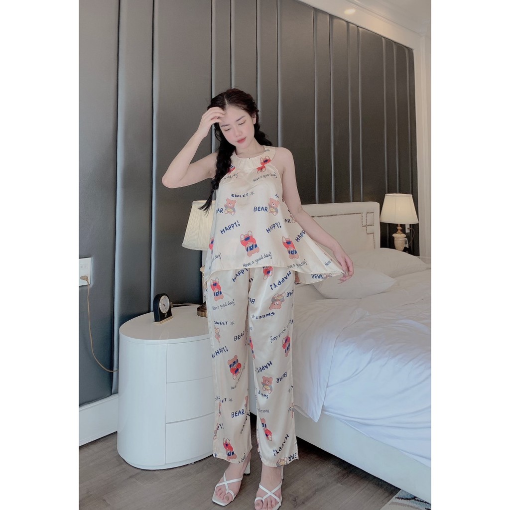 Pijama cổ yếm lụa latin quần dài - Đồ ngủ nữ lụa Latin loại 1 cao cấp không nhăn (ẢNH THẬT CỦA SHOP) | BigBuy360 - bigbuy360.vn