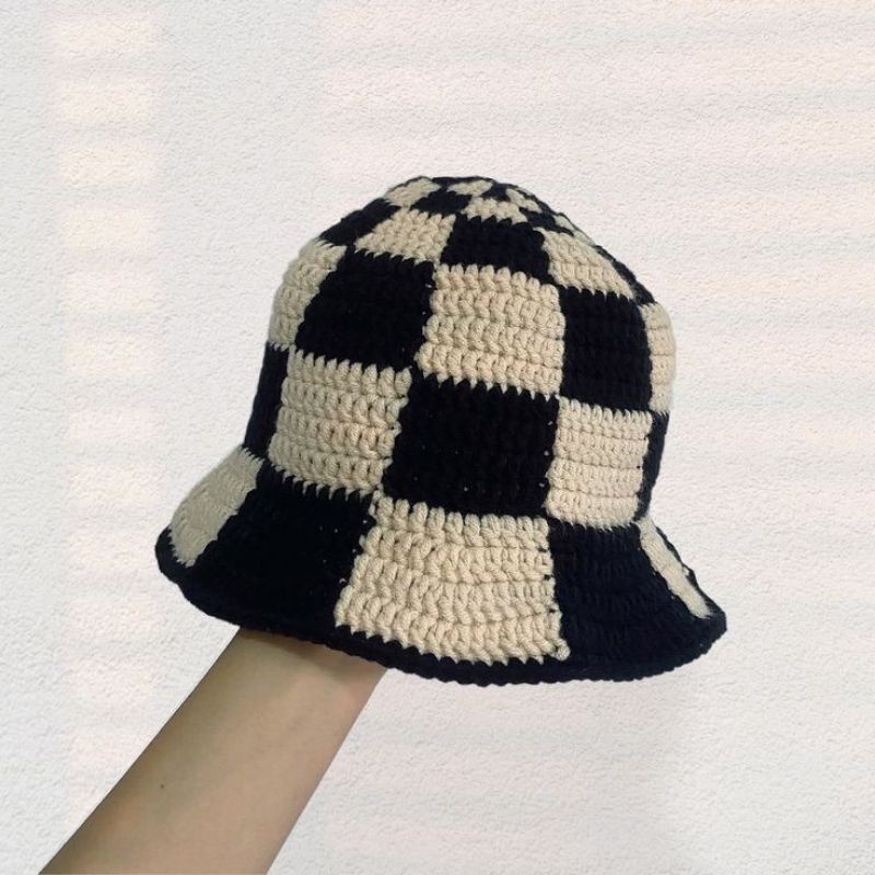 Checkered Bucket Hat Crochet, Nón sọc caro handmade bằng len Tiệm thủ công đan móc