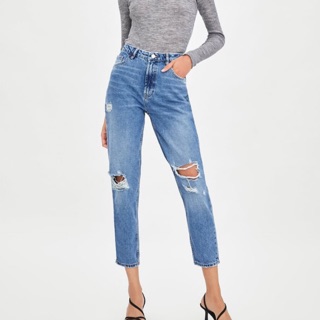 Quần bò denim rách gối dáng suông Zara