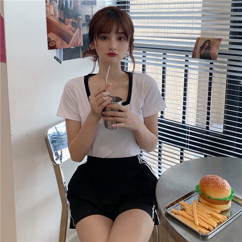 SUXI Áo Thun Tay Ngắn Cổ Vuông Màu Trơn Quyến Rũ Dành Cho Nữ