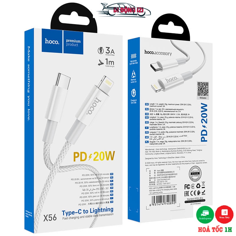 Cáp Sạc Nhanh PD 20W Cho 8/8P/X/11/12/13, Cáp TypeC To 8/11/12/13, Cáp Sạc Hoco X56 Dù Siêu Nhanh, Siêu Bền [CHÍNH HÃNG]