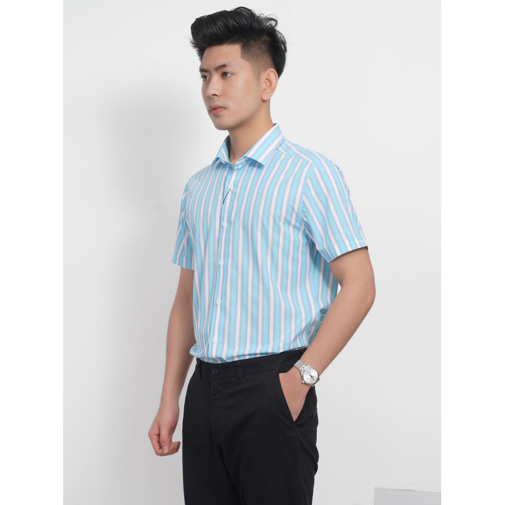 Áo sơ mi aristino ngắn tay màu xanh trắng kẻ sọc slim fit sợi tre ASS067S8