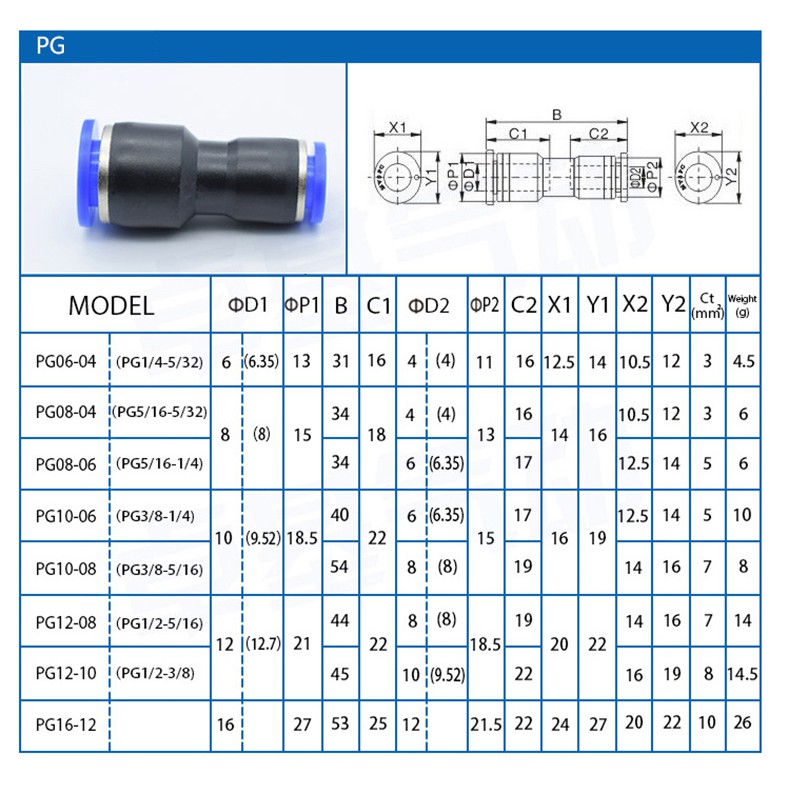 Nối nhanh khí nén chuyển đổi hai đầu kích thước ống khí nén PG, phun sương, chịu được áp suất cao