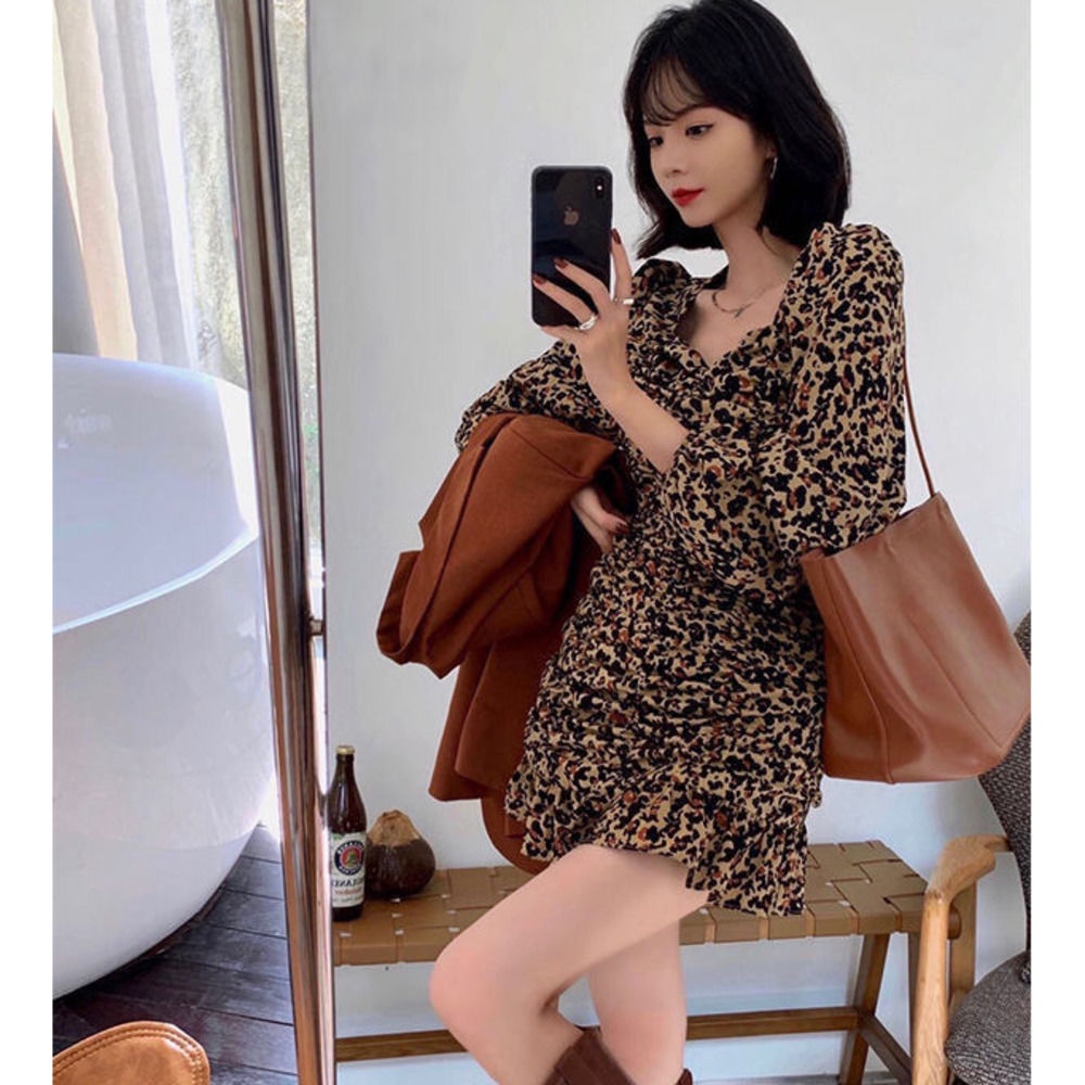 Đầm nữ xếp ly ôm eo họa tiết da báo thời trang mùa thu cá tính