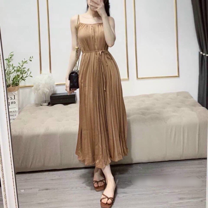 Đầm maxi suông dài dập ly lụa satin siêu đẹpo