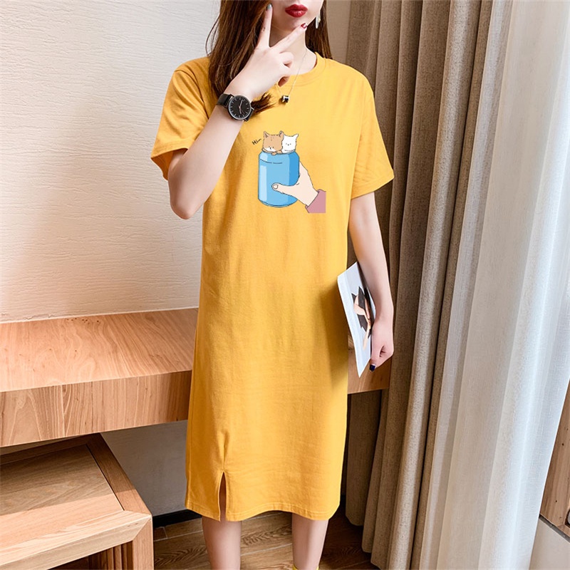 Đầm Suông Váy Dài Form Rộng Tay Lỡ Cổ Tròn In Hình Cốc Mèo Đáng Yêu Chất Cotton Trẻ Trung Năng Động TTDS0513