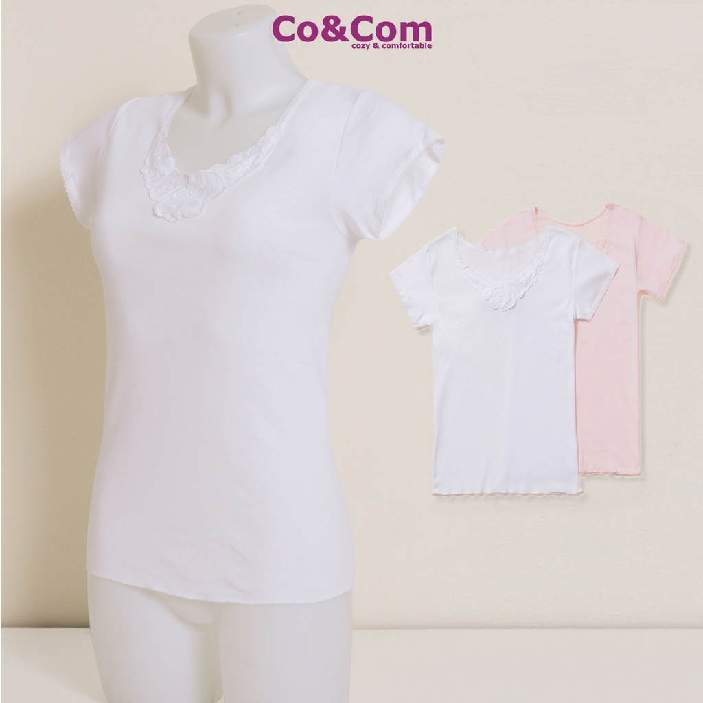 Áo Thun T-shirt Nữ Cotton Co&Com WOMEN INER 2 Cổ Tim, Thiết Kế Tại Nhật Bản