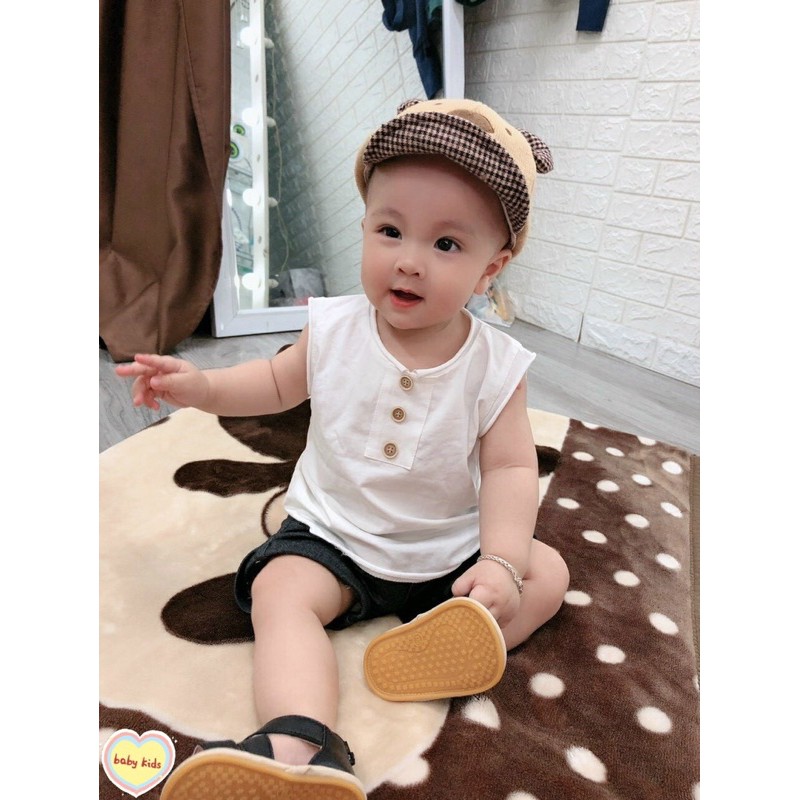 Bộ Đũi Ba Lỗ Cổ Tròn 3 Màu Đen Trắng Nâu Hot Boy Bé 6-20kg