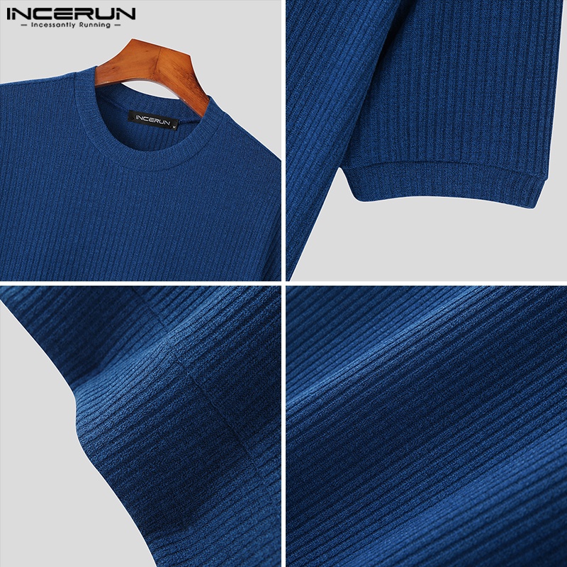 Áo thun INCERUN dệt kim chui đầu cổ tròn ngắn tay màu trơn cho nam