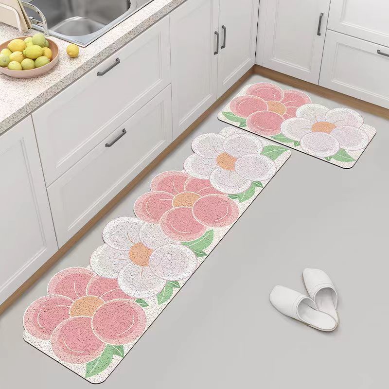 Thảm Lót Sàn Nhà Bếp Bằng Lụa Pvc Hình Tròn Họa Tiết Hoa Chống Bám Bẩn / Thấm Nước / Dầu / Trượt Tiện Dụng