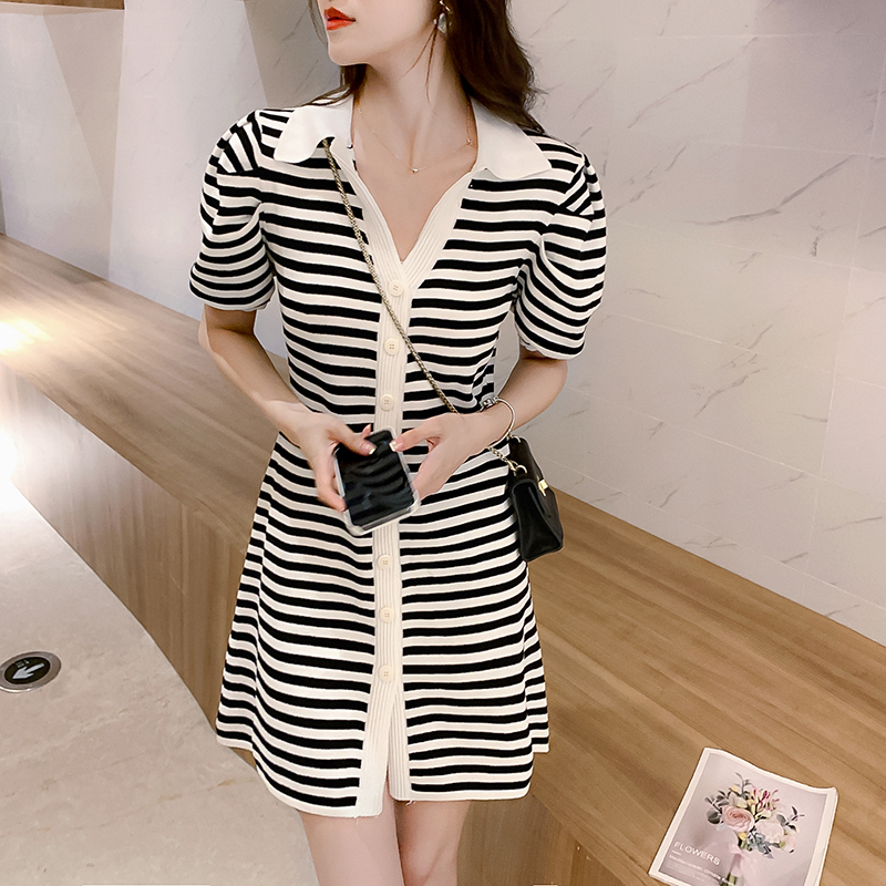 Đầm Dệt Kim Ngắn Tay Cổ Bẻ Với Họa Tiết Sọc Ngang Xinh Xắn Dành Cho Nữ váy