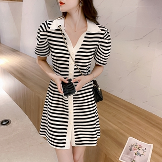 Đầm Dệt Kim Ngắn Tay Cổ Bẻ Với Họa Tiết Sọc Ngang Xinh Xắn Dành Cho Nữ  váy