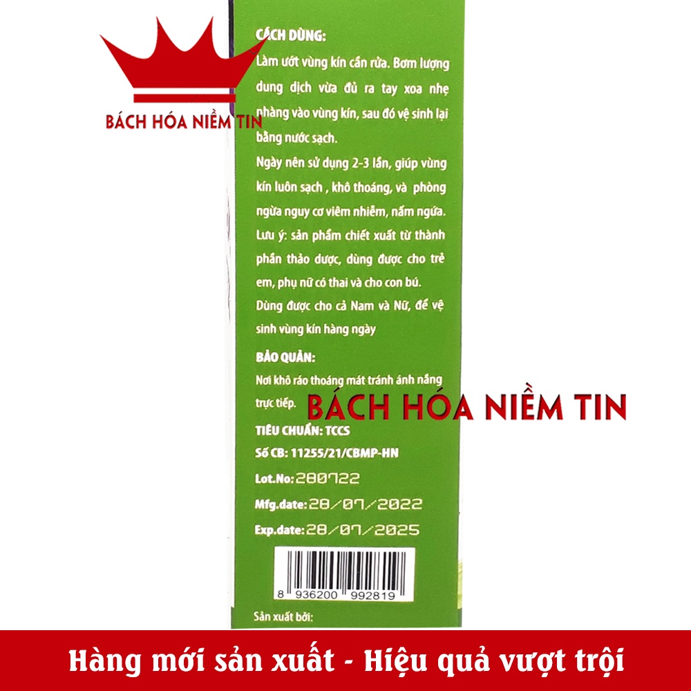 Dung dịch vệ sinh phụ nữ Trầu không nano bạc lá bàng xoài xanh - 100% tự nhiên giúp thoáng sạch, khử mùi