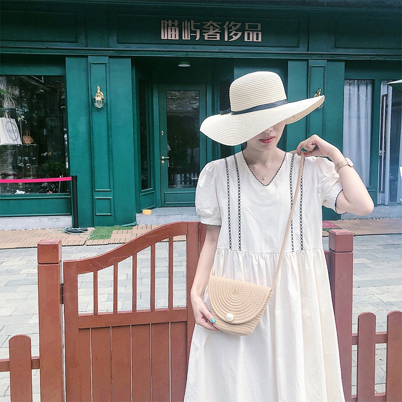 Túi cói IELGY chất liệu rơm dệt đính ngọc trai thời trang dành cho nữ